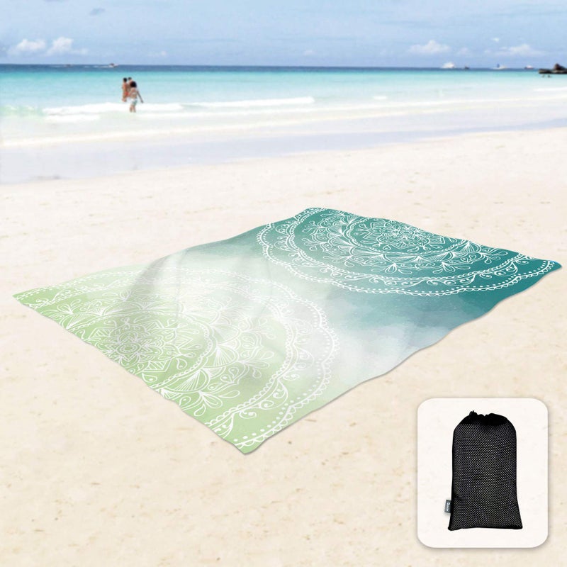 Sunlit Silky Soft 85"x72" Boho Sand Proof Beach Blanket Sand Proof Mat with Corner Pockets and Mesh Bag for Beach Party, Travel, Camping and Outdoor Music Festival, Tiffany Green Mandala - Image 1